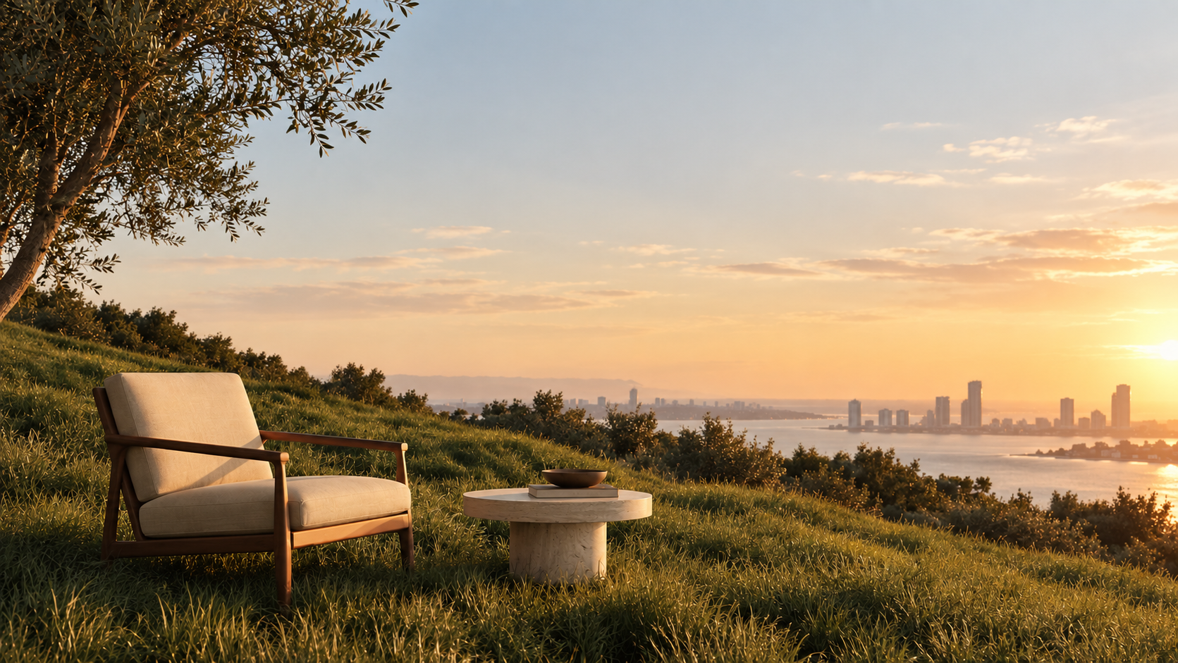 Armchair on a grassy hillside overlooking a coastal city at sunset